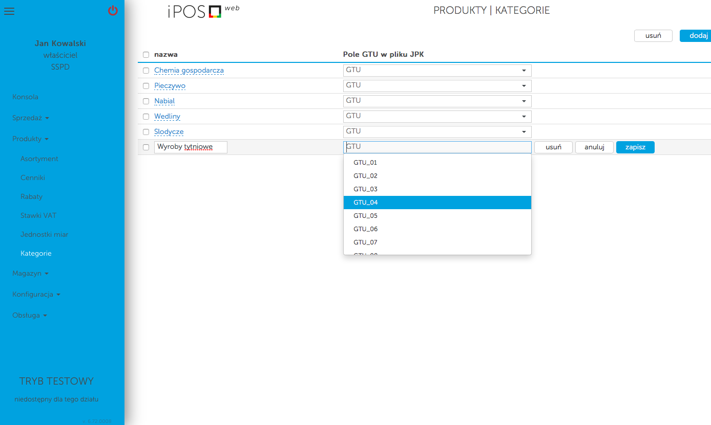 Przypisanie GTU w kategorii dla akasoterminali iPOS